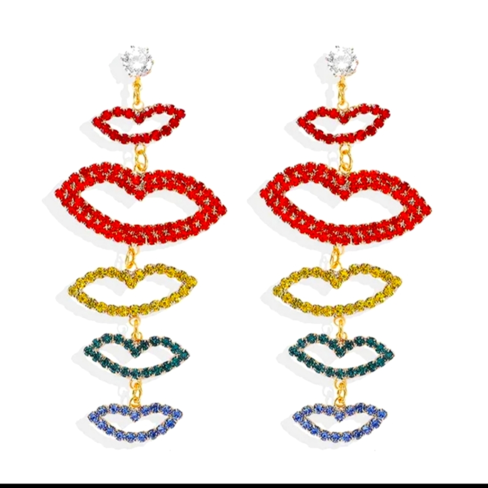 Lips kiss earrings crystals rainbow long dangle 3" sparkly New!